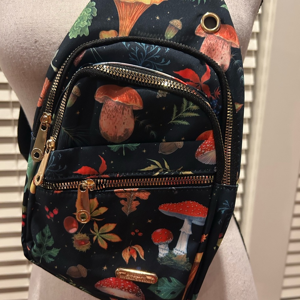 Floral and Mushroom Patterned Black Sling Bag - Picture 2 of 7
